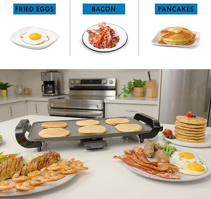 Kenmore Electric Griddle - Nonstick 10x18" Pan, External Temperature Control, Grill Bacon, Eggs, Pancakes, Crepes, Tortillas, Easy Clean Countertop Cooking Kitchen Appliance Removable Drip Tray