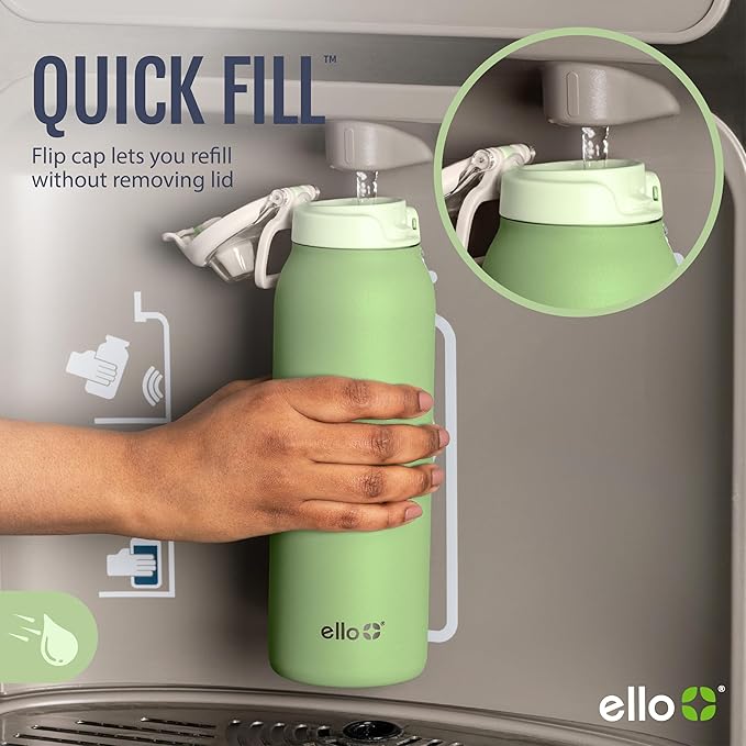Ello Pop & Fill 22oz Stainless Steel Water Bottle with Quick Fill Technology, Double Walled and Vacuum Insulated Metal, Leak Proof Locking Lid, Sip and Chug, Reusable, BPA Free, Forest Mist