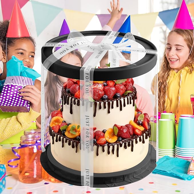 JCD 6Pcs 8.5 * 9.5inch Round clear cake boxes with Ribbon,Ideal for 7inch and 6inch Tall Layer Tiered Cakes,Multi-Layer cake boxes for Christmas Bakery Treat (Black, Round 8.5inch/6pcs)