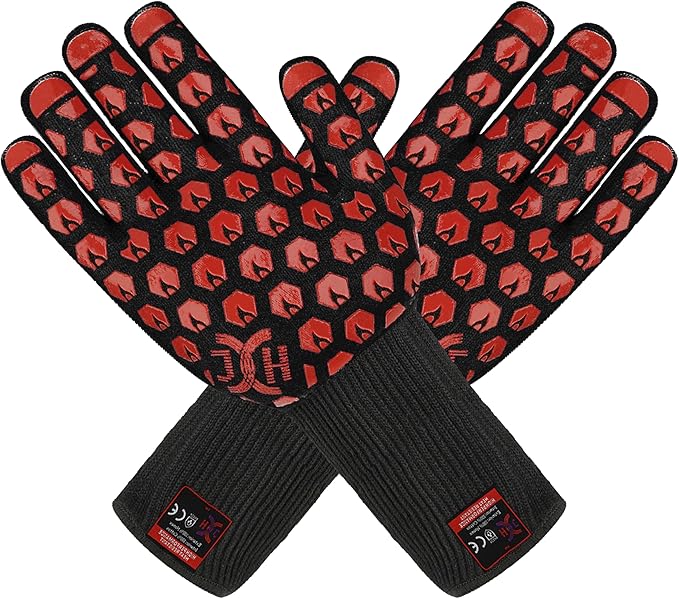 J H Heat Resistant Oven Glove:EN407 Certified 932 °F, 2 Layers Silicone Coating, Oven Mitts for Cooking, Kitchen, Fireplace,Camping, Grilling (Black/Red, Extra Long Cuff (Upgrade Comfortable FIT))