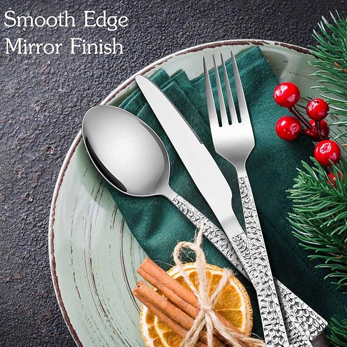 E-far Hammered Silverware Set, 30-Piece Stainless Steel Square Flatware Set for 6, Metal Tableware Cutlery Set Includes Dinner Knives/Forks/Spoons, Modern Design & Mirror Polished - Dishwasher Safe