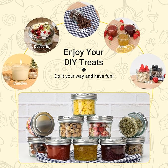CycleMore 40 Pack 4oz Clear Mason Jars With One Piece Silver Lids, Mini Glass Canisters, Spice Bottles, Canning Jars for Honey, Jam, Jelly