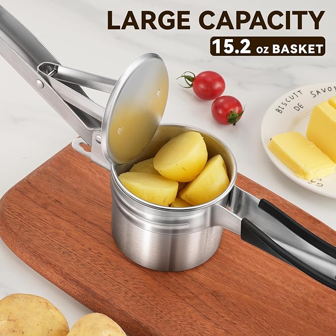 Potato Ricer, AMOHEE 15oz Stainless Steel Potato Masher Upgrade Heavy Duty Design with Anti-Slip Handle Ricer for Mashed Potatoes, Carrots, Yams, Black