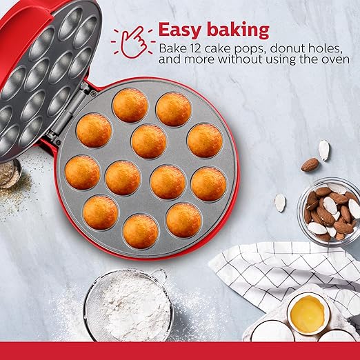 Holstein Housewares 12-Count Cake Pop Maker with Non-Stick Plates & Indicator Lights – Bakes 12 Sweet or Savory Pops Fast, Perfect for Birthday Treats & Holiday Party Snacks, Red