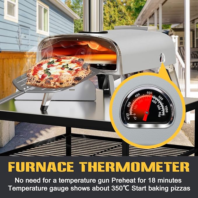 aidpiza Outdoor Pizza Oven 12" Wood Pellet Pizza ovens With Rotatable Round Pizza Stone Portable Wood Fired with Built-in Thermometer Pizza Stove for Outside Backyard Camping Picnics (Grey-revolving)