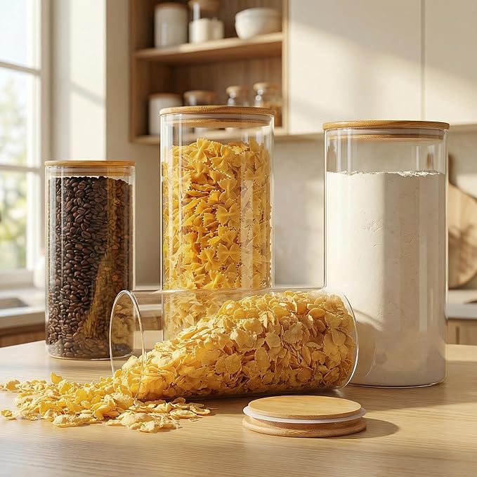 HomArtist Large Glass Flour and Sugar Containers 180oz x2 & 93oz x2 [Set of 4], Glass Food Storage Containers with Bamboo Lids, Glass Jar with Airtight Lid for Spaghetti Pasta,Rice,Cereal,Coffee, Oat