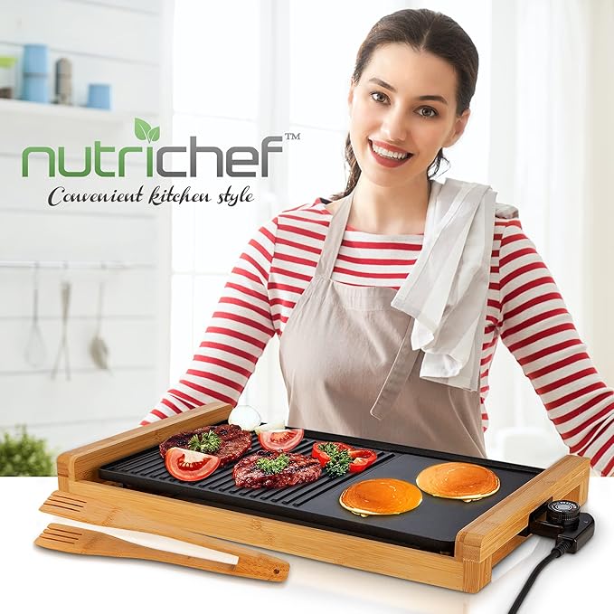 NutriChef 2 In 1 Indoor Grill & Griddle, Smokeless Nonstick Electric Grill and Griddle with Wooden Thong, 250 - 460°F Adjustable Temperature