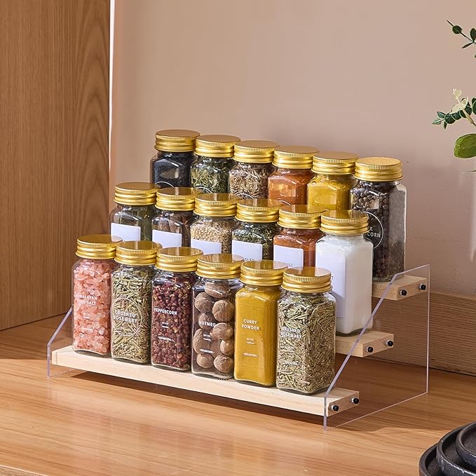 24 Pcs Glass Spice Jars with 576 Labels, 4oz Empty Square Spice Containers,Seasoning Bottles with Gold Metal Caps - Shaker Lids, Funnel and Pen Included