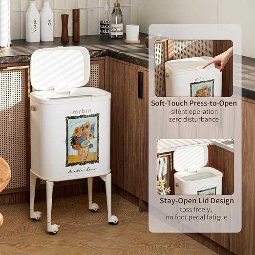 MRBIN 23L Art Decor Trash Can with Wheels, Press-to-Open Lid, Tall Standing Garbage Bin with Lockable Casters, Metal Waste Basket for Kitchen, Living Room, Bedroom, Cream White