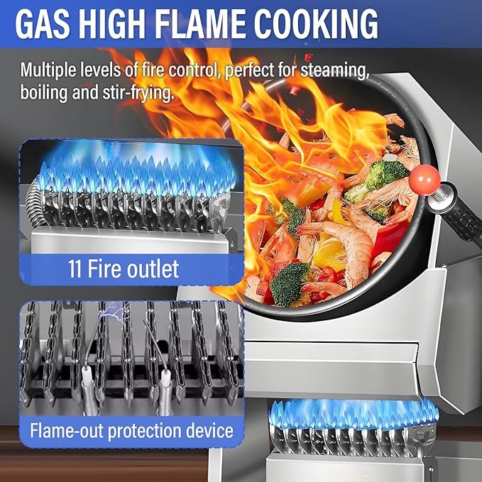 Automatic Stir Fry Machine Countertop Cooker with Water Spray & Drum Design – Natural Gas Powered Smart 360° Cooking Machine Capacity 1.5L-9.3L,110V 100W