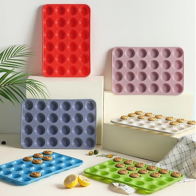 2 Pack 24 Cups Mini Muffin Pan with Metal Reinforced Frame Silicone Molds Cake Pans Egg Bites Silicone Circle Cookie Molds Muffin Tin Tart Pans Non Stick Toxic Oven Safe Baking Sheet Set