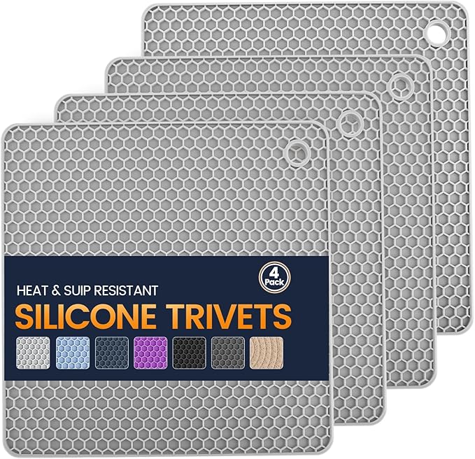 Silicone Trivet Mats 4 Heat Resistant Pot Holders Multipurpose Non-Slip Hot Pads for Kitchen Potholders, Drying mat, Jar Opener, Spoon Holder, Coaster.(Light Grey)