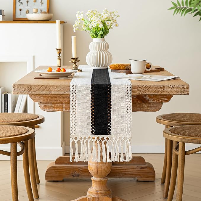 FEXIA Boho Table Runner for Home Decor with Tassels 36 Inches Long,Black Farmhouse Rustic Table Runner Macrame Burlap Table Decoration for Living Room Bridal Shower(12x36 Inches)