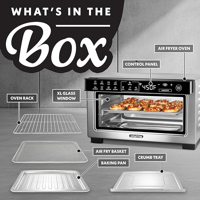 Gourmia Toaster Oven Digital Air Fryer - Convection Mode with 4 Slice Capacity, 3 Rack Positions, 12 Presets, Toast, Bagel, Bake, Roast, Broil, Dehydrate, Popcorn, Fits 9" Pizza, Stainless Steel