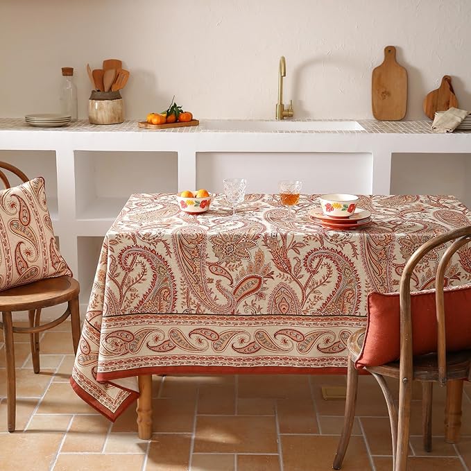 ISAENNE Designer French Red Extra Long Tablecloth Rectangle,Linen Table Cloth with Cashew Pattern,Stain Proof Decor Tablecloths for Dining Thanksgiving Kitchen Christmas,63"*110"-Chauffrey D