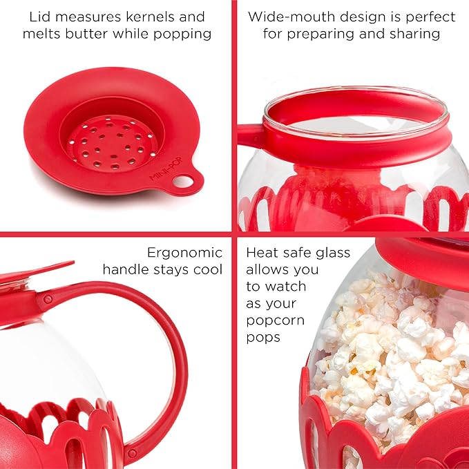 Ecolution Patented Micro-Pop Microwave Popcorn Popper with Temperature Safe Glass,3-in-1 Lid Measures Kernels and Melts Butter,Made Without BPA,Dishwasher Safe,3-Quart,Red,(Pack of 4)