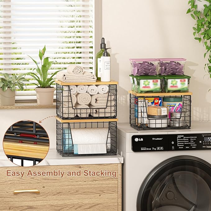 keomaisyto Stackable Wire Baskets, 2-Pack - Kitchen & Pantry Organizers for Potato, Onion Storage, Heavy-Duty Metal Storage Bins for Fruit, Vegetable, Snack, Can