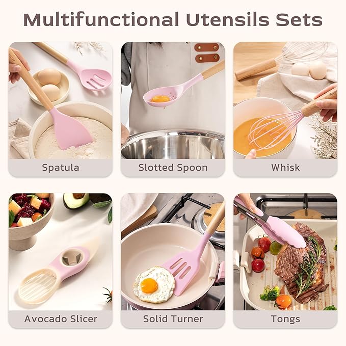 Astercook Kitchen Utensils set, 39 PCS Silicone Cooking Utensils Set with Wooden Handle, 446°F Heat Resistant Food Grade Utensil Sets, BPA Free Kitchen Gadgets Tools Set for Nonstick Cookware (Pink)