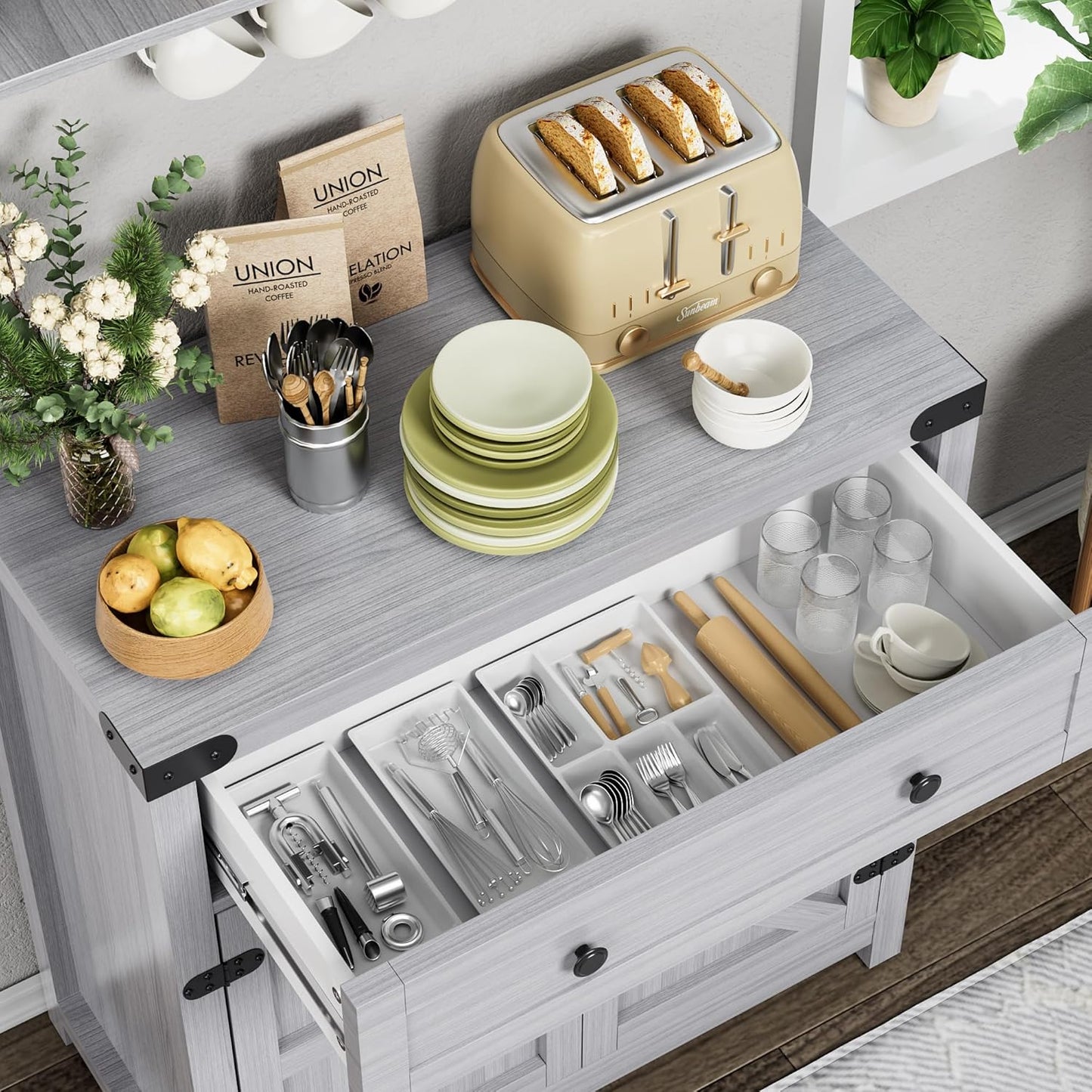YESHOMY Farmhouse Coffee Bar Cabinet Sideboards, with Barn Doors, Spacious Drawer, Adjustable Interior Shelf, Generous Top Surface, for Kitchen, Bathroom, Entryway, Living Room, Pure Gray