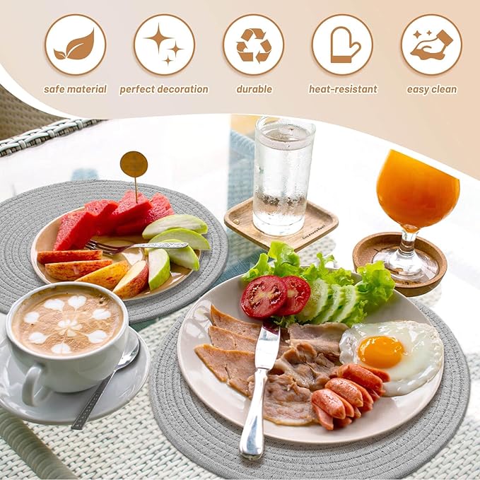 Billbotk Round Woven Placemats Set of 4, 13 Inches Table Place Mats for Dining Table, Hot Pads for Kitchen, Trivets for Hot Dishes, Pots and Pans,Tabletop Accessories(LightGray) ﻿