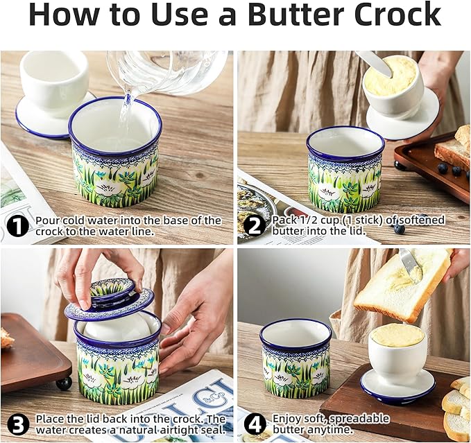 French Butter Crock with Lid for Countertop,Handpainted Floral Butter Keeper with Water Seal Line, Farmhouse Ceramic Butter Container Airtight for Soft Spreadable Butter,Housewarming Gifts