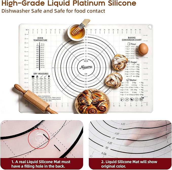 Extra Large Silicone Pastry Mat 28" - Non-Slip Liquid Silicone Baking Sheet with Measurements Anti-Spill Edge - Food Grade Dough Rolling Mat for Kneading Pie Crust, Bottom Marker, Transparent