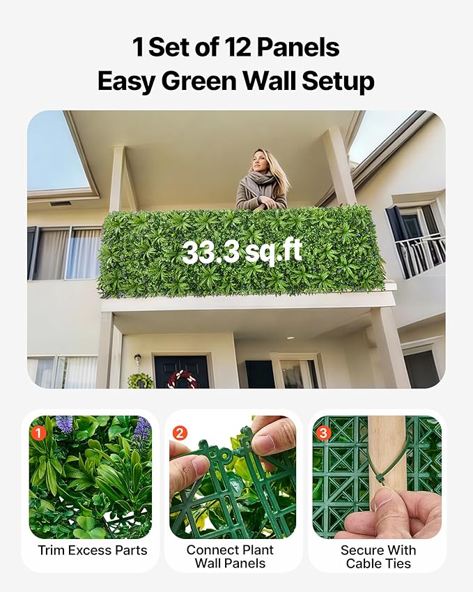 VEVOR Artificial Plant Wall, 40 x 120 in Artificial Boxwood Panels, Sun Protection Greenery Backdrop Privacy Hedge Fence, Fake Grass Screen for Wedding, Indoor, Outdoor Garden, Backyard,Mixed Leaf