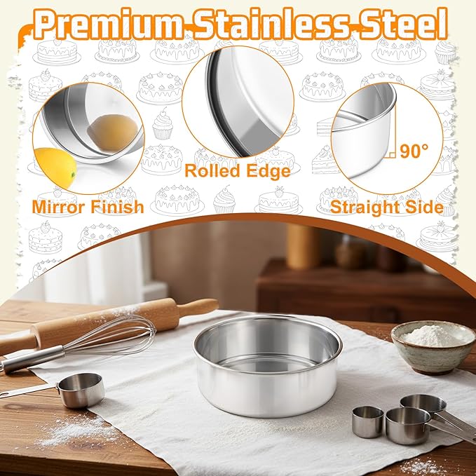 E-far 5 Inch Cake Pan Set of 3, Stainless Steel Small Round Baking Pans Tins for Layer Smash Birthday Cakes, Dishwasher & Oven Safe, Healthy & Non-toxic, Leak Proof & Mirror Polished