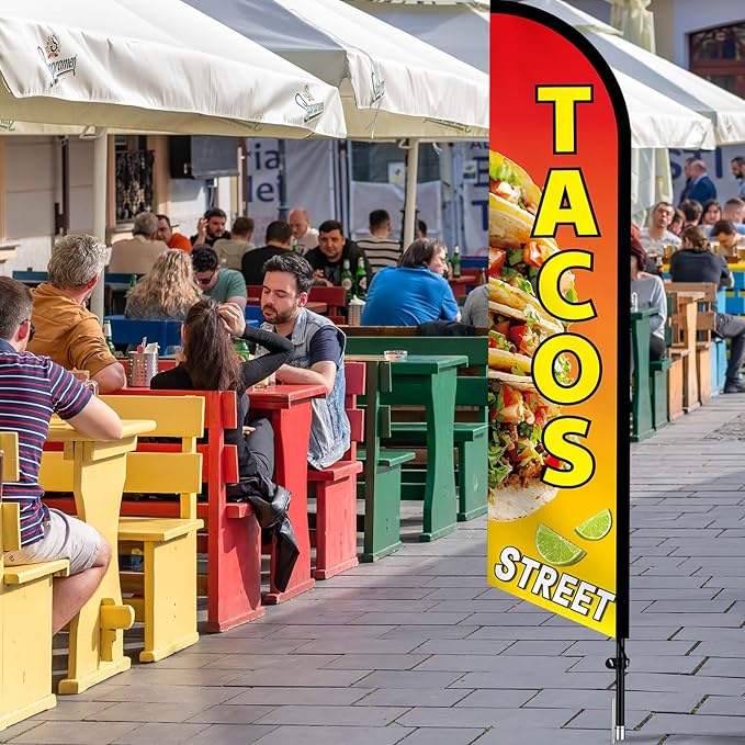 HunnmingRe Tacos Street Advertising Swooper Flag Banner 15ft Feather Flag with Pole and Ground Stake Advertising Feather Banner Sign for Restaurant Business Outside Ground