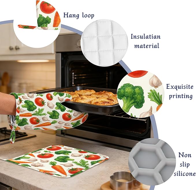 Vegetables Oven Mitts and Pot Holders Sets of 4 Tropical Tomato Carrot Heat Resistant Silicone Oven Mits Gloves Non-Slip Kitchen Mittens Potholders for Cooking Baking Grilling BBQ