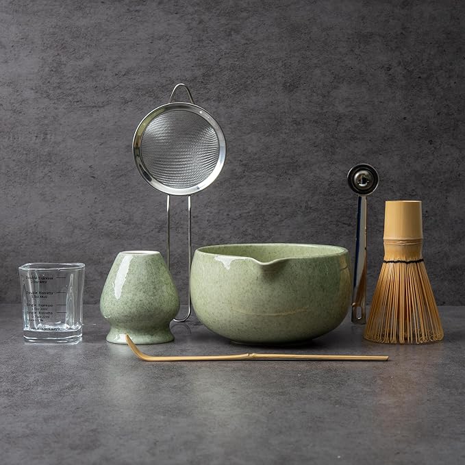 YIBO Matcha Whisk Set With Bowl, Ceramic Matcha Making Kit Includes Bamboo Whisk (Chasen), Holder Stand, Powder Starter Sifter, Scoop, Measuring Spoon & Cup Tea Tools For Ceremony (Mottled Green)