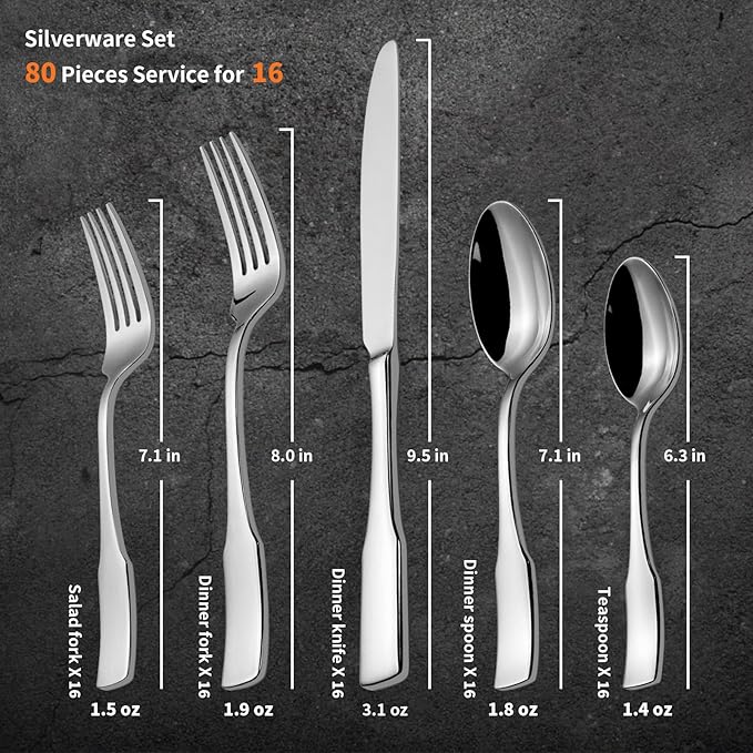 Alata Kate 80-Piece Silverware Set,Service for 16,Stainless Steel Flatware Set,Mirror Polished Cutlery Set,Dishwasher Safe