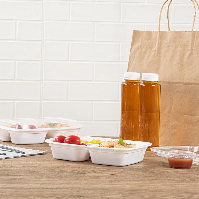 Restaurantware Asporto 26 Ounce Compartment Take Out Boxes, 100 Microwavable Meal Prep Containers - 3 Compartments, With Clear Plastic Lids, White Plastic Food Containers, Do Not Contain BPA