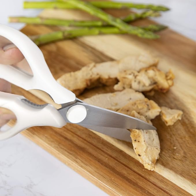 Rae Dunn Kitchen Scissors- Stainless Steel Kitchen Shears, Cooking Scissors for Cutting Meat, Chicken, Herbs and Produce with Blade Cover and Soft Grip Handles(White)