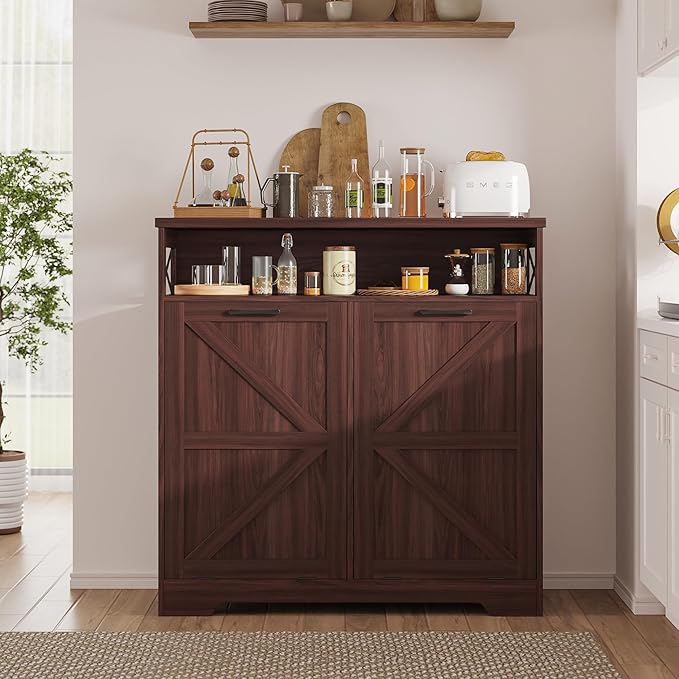 Befrases Double Tilt Out Trash Can Cabinet for 13 * 2 Gallon Garbage Can, Farmhouse Kitchen Garbage Trash Bin for Hidden Laundry Basket, Dual Dog Proof Recycling Cabinet for Living Room, Dark Brown