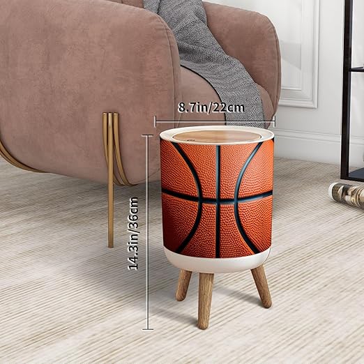 Trash Can with Lid Basketball Press Top Round Small Garbage Bin with Wooden Legs Waste Basket for Kitchen Bedroom Nursery 7L/1.8 Gallon