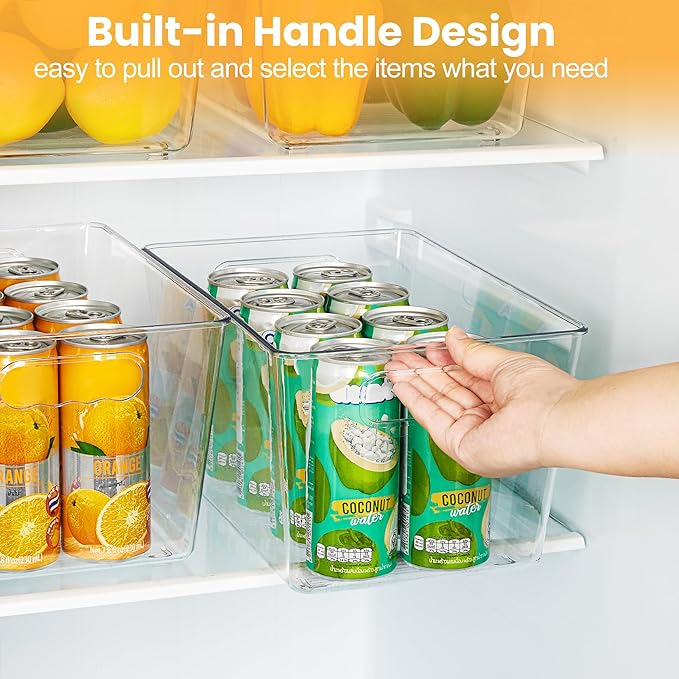 YIHONG 12 Pack Clear Pantry Organizer Bins, Plastic Containers with Handle for Kitchen,Freezer,Cabinet,Closet,Bathroom Under Sink Storage