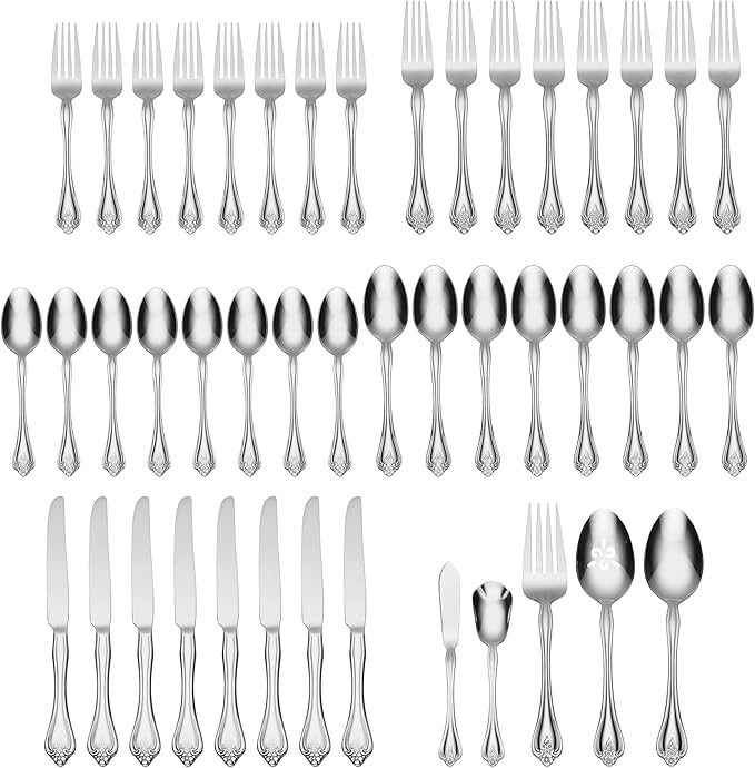Oneida Silverware Set, Boutonniere 45 Piece Everyday Flatware Set, Service For 8, 18/0 Stainless Steel Silverware Sets, Mirror Finish, Dishwasher Safe, Home And Kitchen Utensils (Silver, 45 Piece)