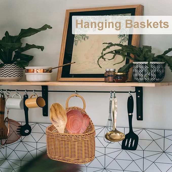 2Pcs Hanging Storage Baskets, Plastic Woven Hanging Basket with Hook, Flower Bin with Handle Kitchen Wall Basket for Ginger Garlic(Brown)