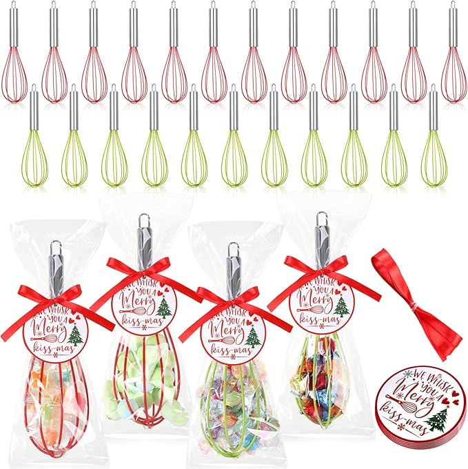 72 Sets 8 Inch Christmas Whisks Gifts DIY Fillable Christmas Tree Ornaments Xmas Colored Silicone Whisks for Cooking Heat Resistant Egg Beaters with Card Rope Bag for Candy Holder