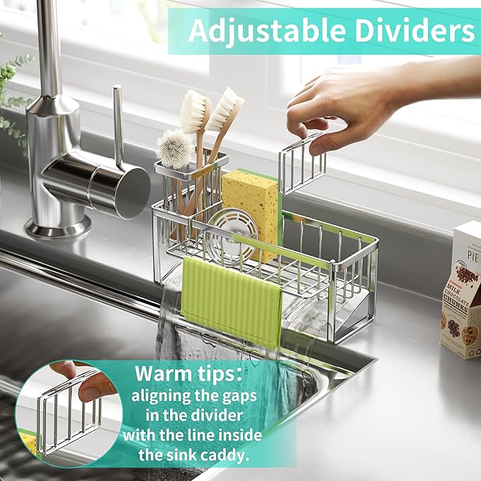 HapiRm Sponge Holder for Kitchen Sink - Self-draining Sink Caddy with Brush and Dishcloth Holders with Sloping Drainage - Silver