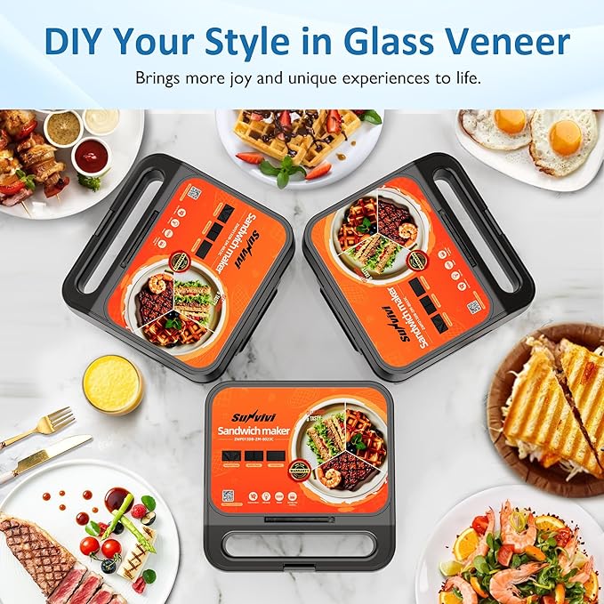 Sandwich Maker Panini Press Grill, 3 in 1 Electric Waffle Maker with Removable Non-stick Plates, Glass Top, Cool Touch Handle & Easy to Clean, 1000W