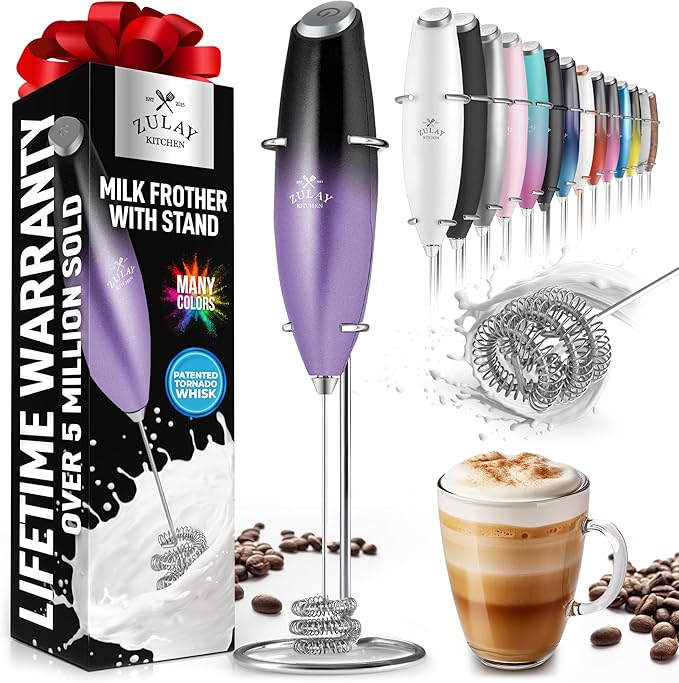 Zulay Kitchen Milk Frother with Patented Tornado Triple Whisk – Handheld Foam Maker for Coffee, Lattes, Matcha & Hot Chocolate – Rich, Creamy Froth in Seconds