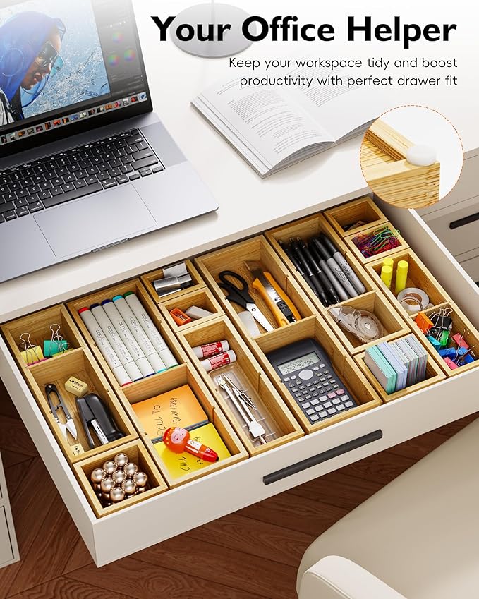 12-Piece Bamboo Desk Drawer Organizer Set – Adjustable Storage Boxes with 24 Compartments, Non-Slip, Modular Design for Office, Jewelry, Vanity, and Kitchen Utensil Drawer Storage