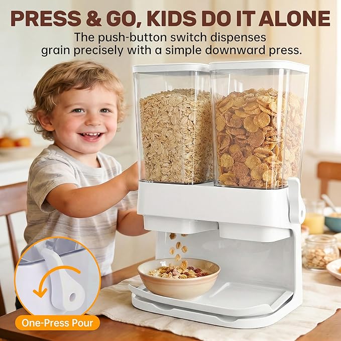 Cereal Dispenser Countertop 2 Pack, 3L Large Cereal Containers Storage Airtight for Kitchen Pantry, Dual Control Plastic Dry Food Dispenser for Cereal, Rice, Grains, Candy, Coffee Beans