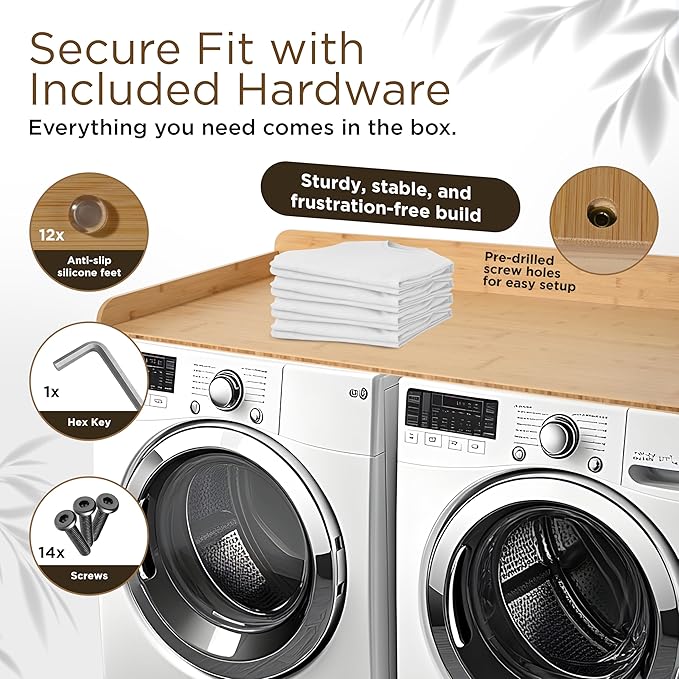 Solid Bamboo Washer Dryer Countertop, Laundry Wood Shelf Topper with Non-Slip Pads, Edge Rails and High Back Rail for Laundry Room Storage & Organization, Washer Dryer Counter Storage, 25"W x 54" L