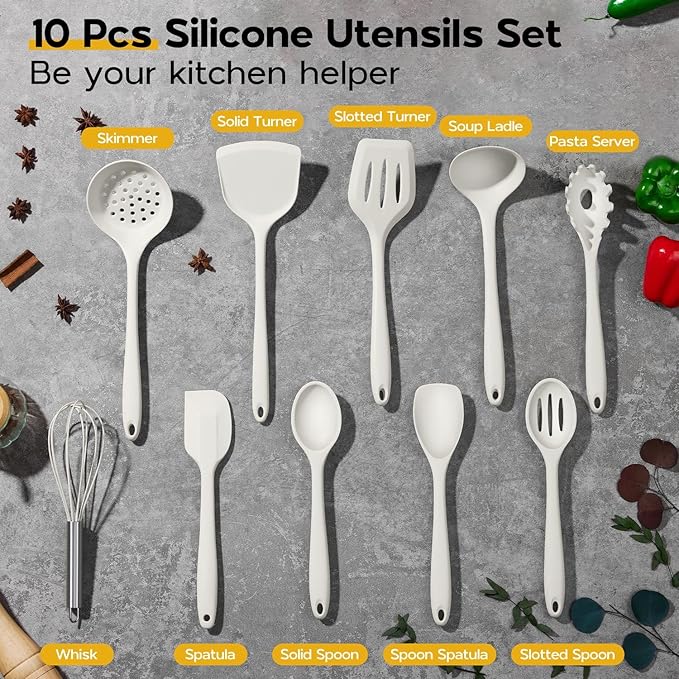 Onader Kitchen Cooking Utensils Set of 10, Silicone Utensils Set for Cooking, Includes Non Toxic Turner Spoon Spatula Whisk Pasta Server - White