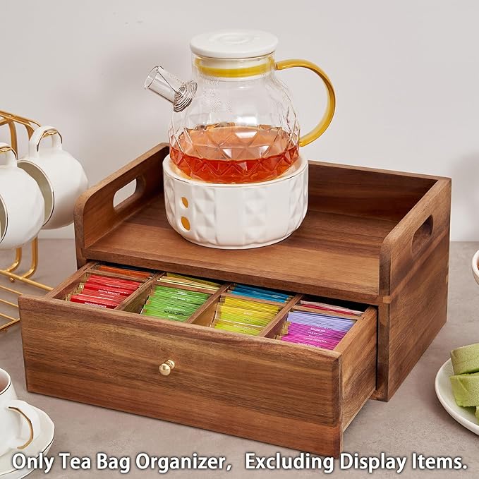 Acacia Wood Tea Bag Organizer with Drawer - Tea Station Chest and Storage Box, Coffee and Teabag Holder with 8 Compartments, Containers and Boxes for Countertop Display