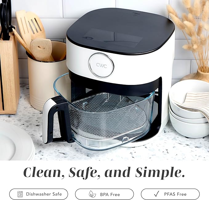 COOK WITH COLOR 1400W 5.5Qt Digital Kitchen Air Fryer with Glass Basket, 8 Presets Healthy Cooking Options, Bake, Fry, Reheat, 60-Min Timer, Adjustable Temperature Control 175°F–400°F, Linen White