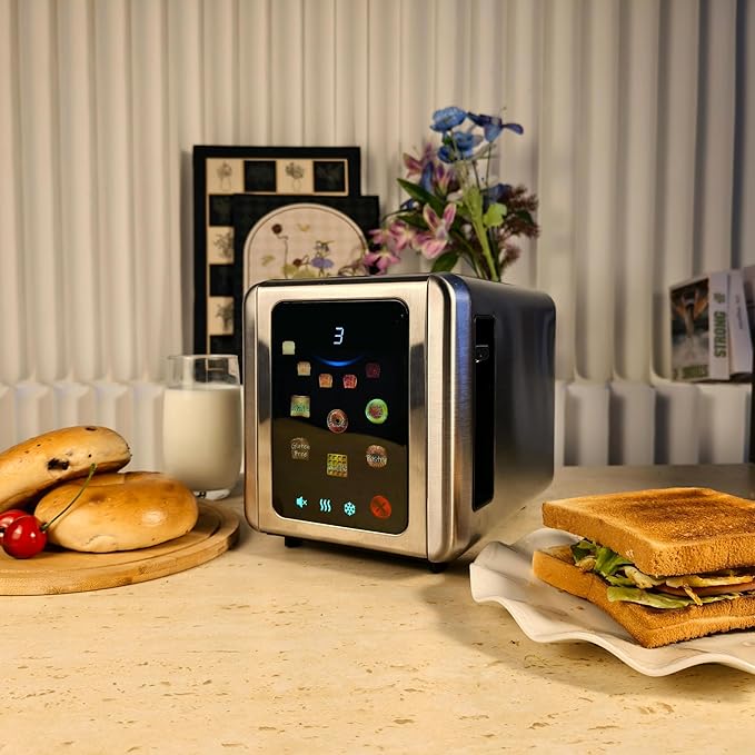 WHALL Touch Screen Toaster 2 Slice, 1.5'' Extra Wide Slot Smart Toaster with Digital Timer, 6 Bread Types & 6 Shade Settings, Crumb Tray, Reheat/Defrost, Stainless Steel Bread Toasters, Silver